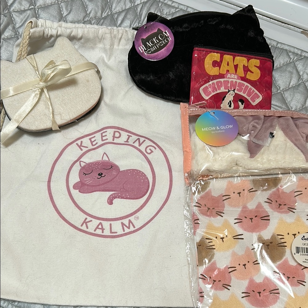 Cat-Themed Accessories: drawstring bag, 2 zip bags, coin purse, headband